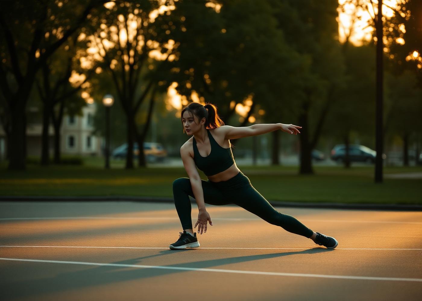 Athlete stretching on an outdoor court at golden hour